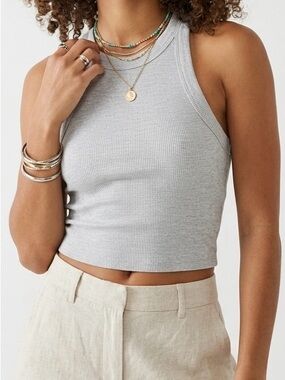 Aerie Free Spirit Ribbed Tank Top S Medium Heather Gray High Neck Cropped Racer